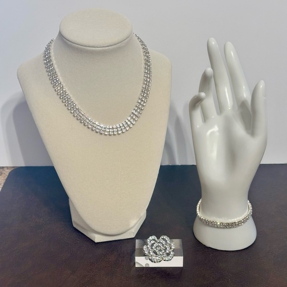 Napier CZ Necklace, With Stretchy CZ Wrist Bracelet & Vintage CZ Brooch-3 Pieces - Picture 1 of 14